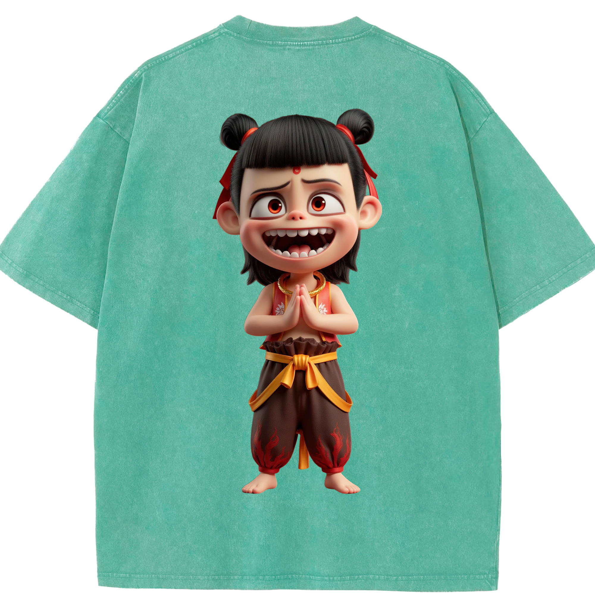 （画像用） Ne Zha 2 ナタ 魔童の大暴れ 綿100% ヴィンテージ風 半袖Tシャツ（背面プリント）
